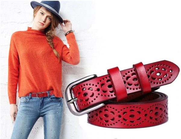 Women's Wide Genuine Leather Belt - Red Model