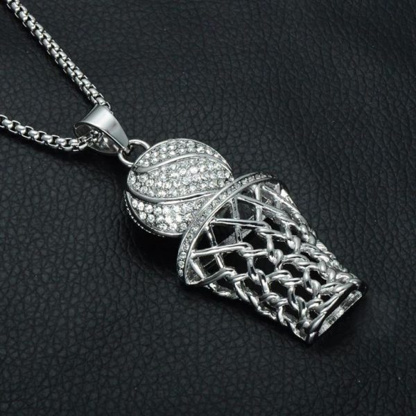 Basketball Hoop Pendant With Chain - Bling Collection - Black Surface - Silver
