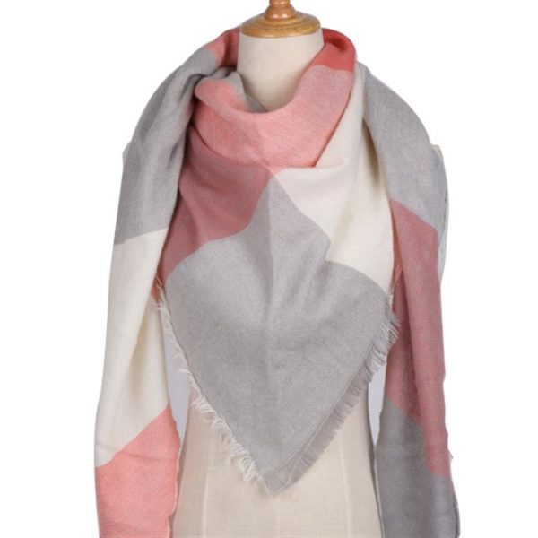 Triangular Cashmere Plaid Scarf For Women - Gray Red