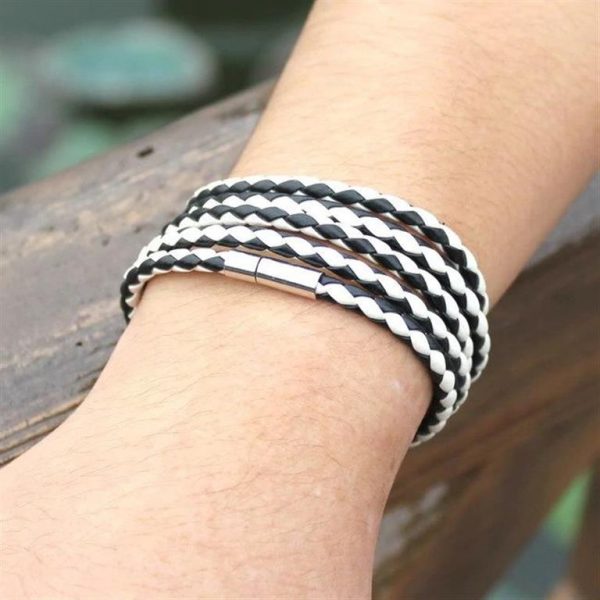 Men's Leather Wrapped Bracelet - Black and White