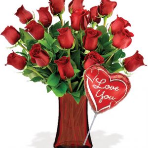 18 Red Roses with Vase & Love Balloon Flower Delivery