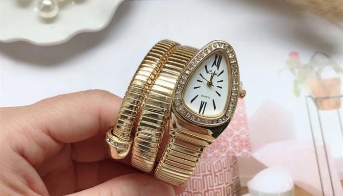 Womens Snake Bracelet Watch-Gold-White
